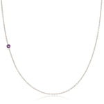 A white gold 14K Gold Asymmetrical Birthstone Necklace - Amethyst (February) on a white background. 
