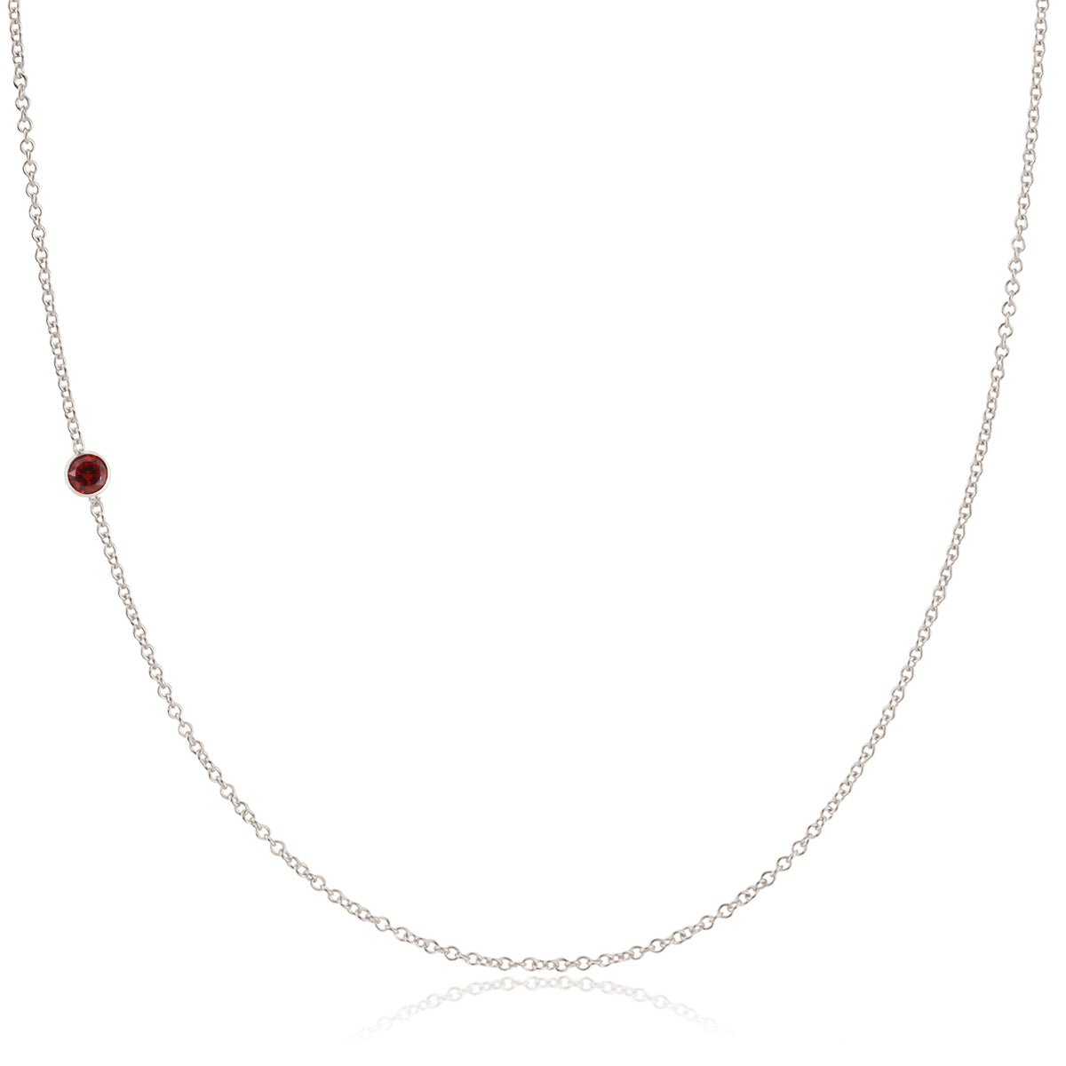 A white gold 14K Gold Asymmetrical Birthstone Necklace - Garnet (January) on a white background. 