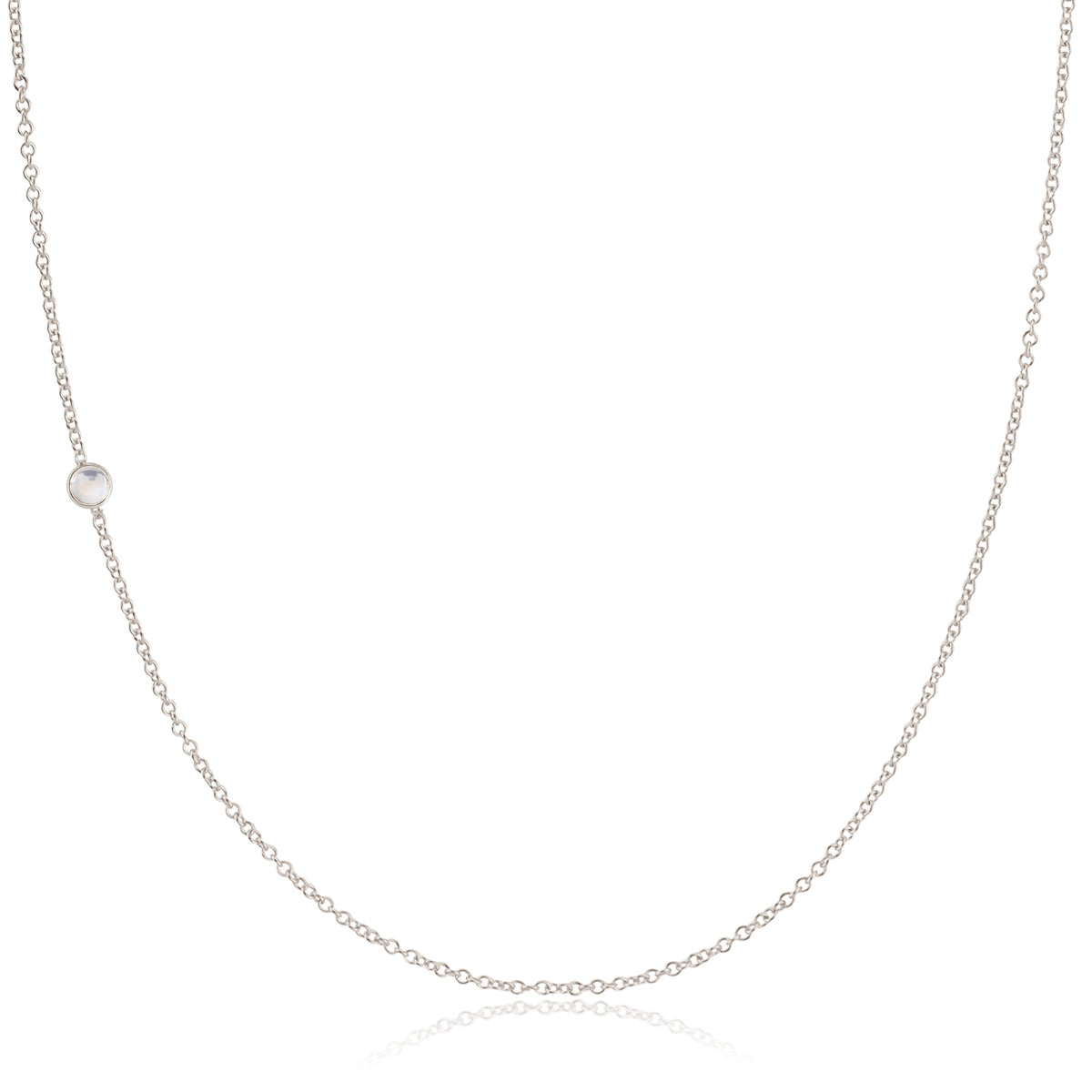 A white gold 14K Gold Asymmetrical Birthstone Necklace - Moonstone (June) on a white background. 