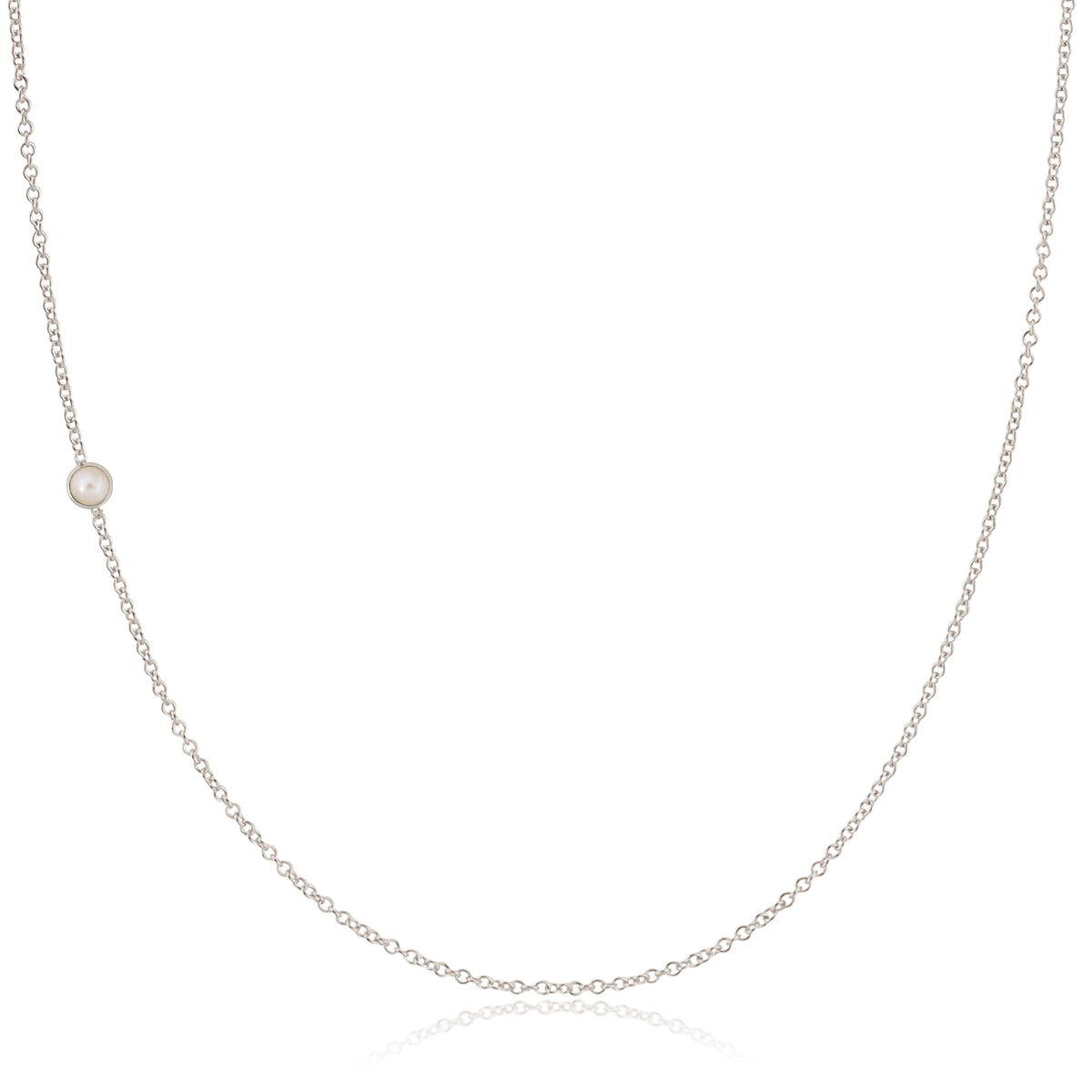 A white gold 14K Gold Asymmetrical Birthstone Necklace - Pearl (June) on a white background. 