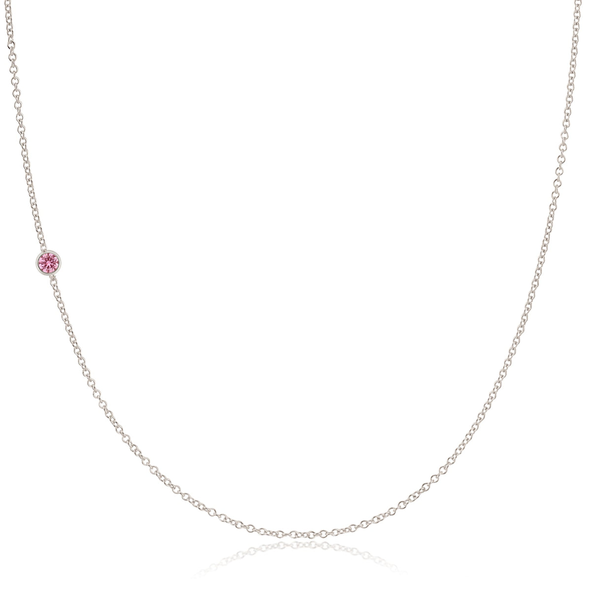 A white gold 14K Gold Asymmetrical Birthstone Necklace - Pink Tourmaline (October) on a white background. 