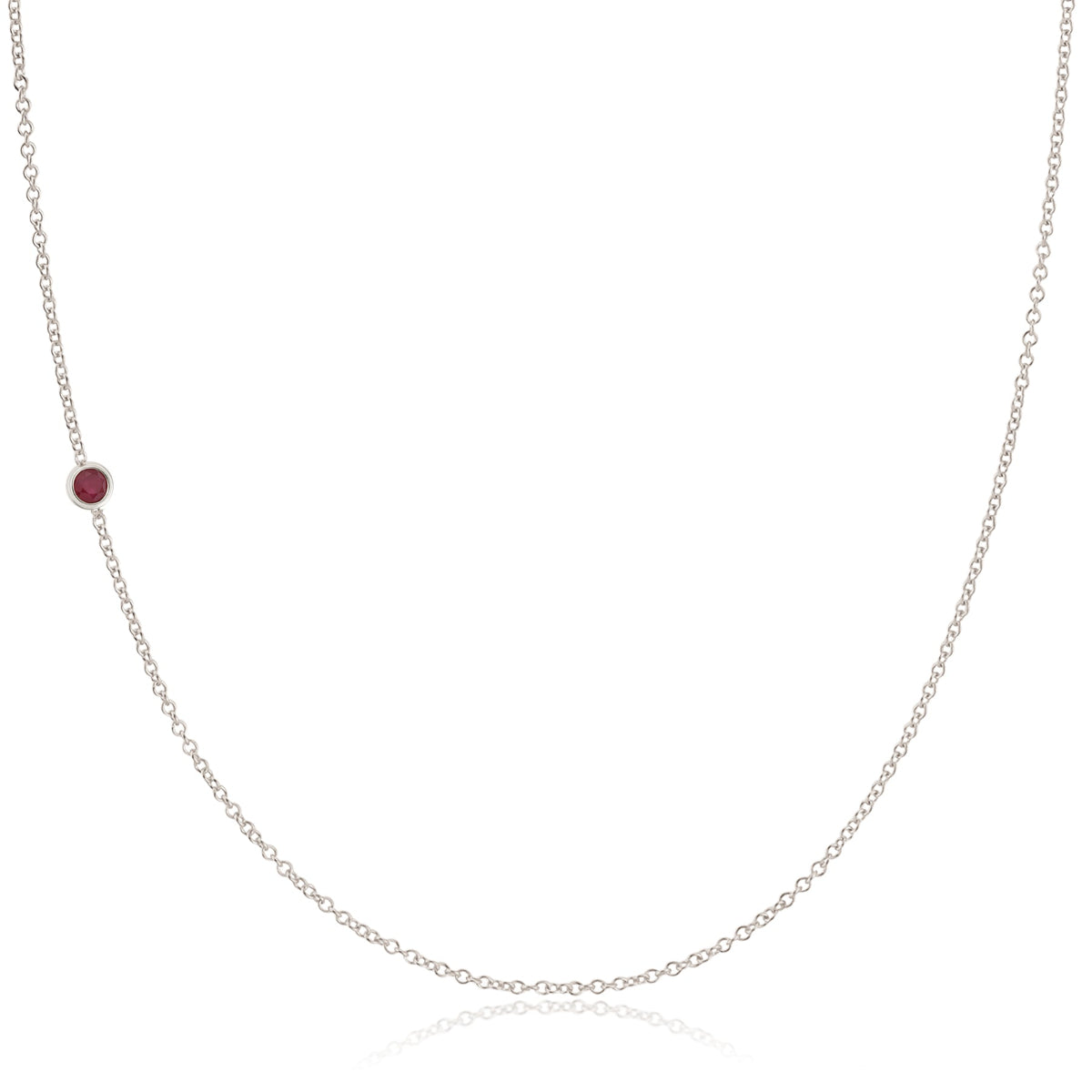 A white gold 14K Gold Asymmetrical Birthstone Necklace - Ruby (July) on a white background. 