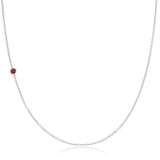 A white gold 14K Gold Asymmetrical Birthstone Necklace - Ruby (July) on a white background. 