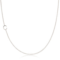 A white gold necklace with a C letter charm on a white background. 