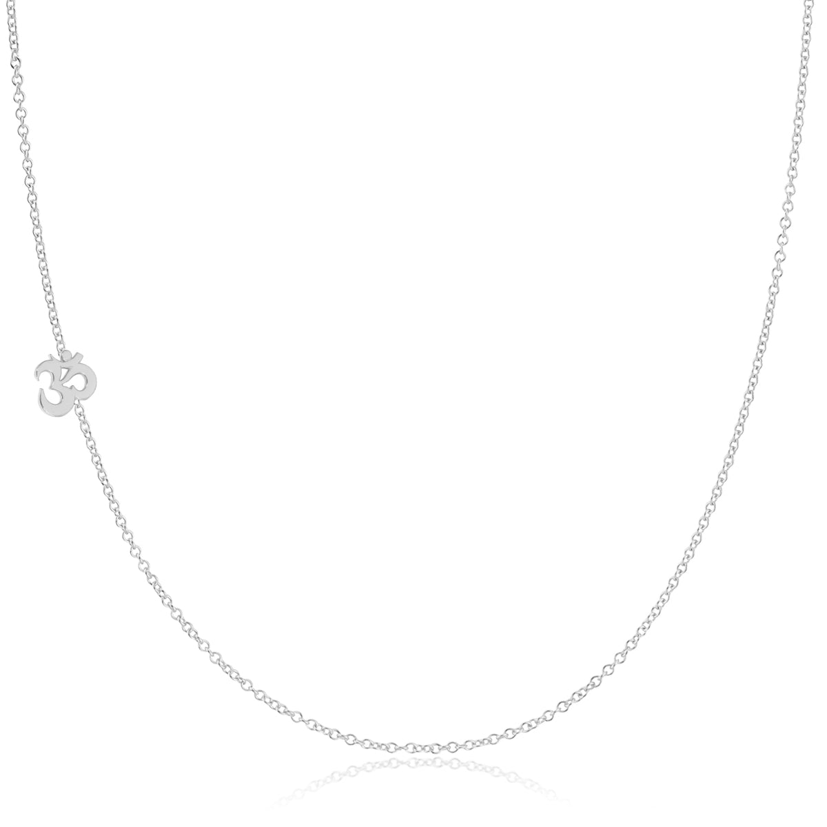 A white gold 14k Gold Asymmetrical Charm Necklace - Om with a cable chain on a white background. 