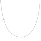 A white gold necklace with a letter A charm on a white background. 