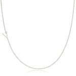 A white gold necklace with a V letter charm on a white background. 