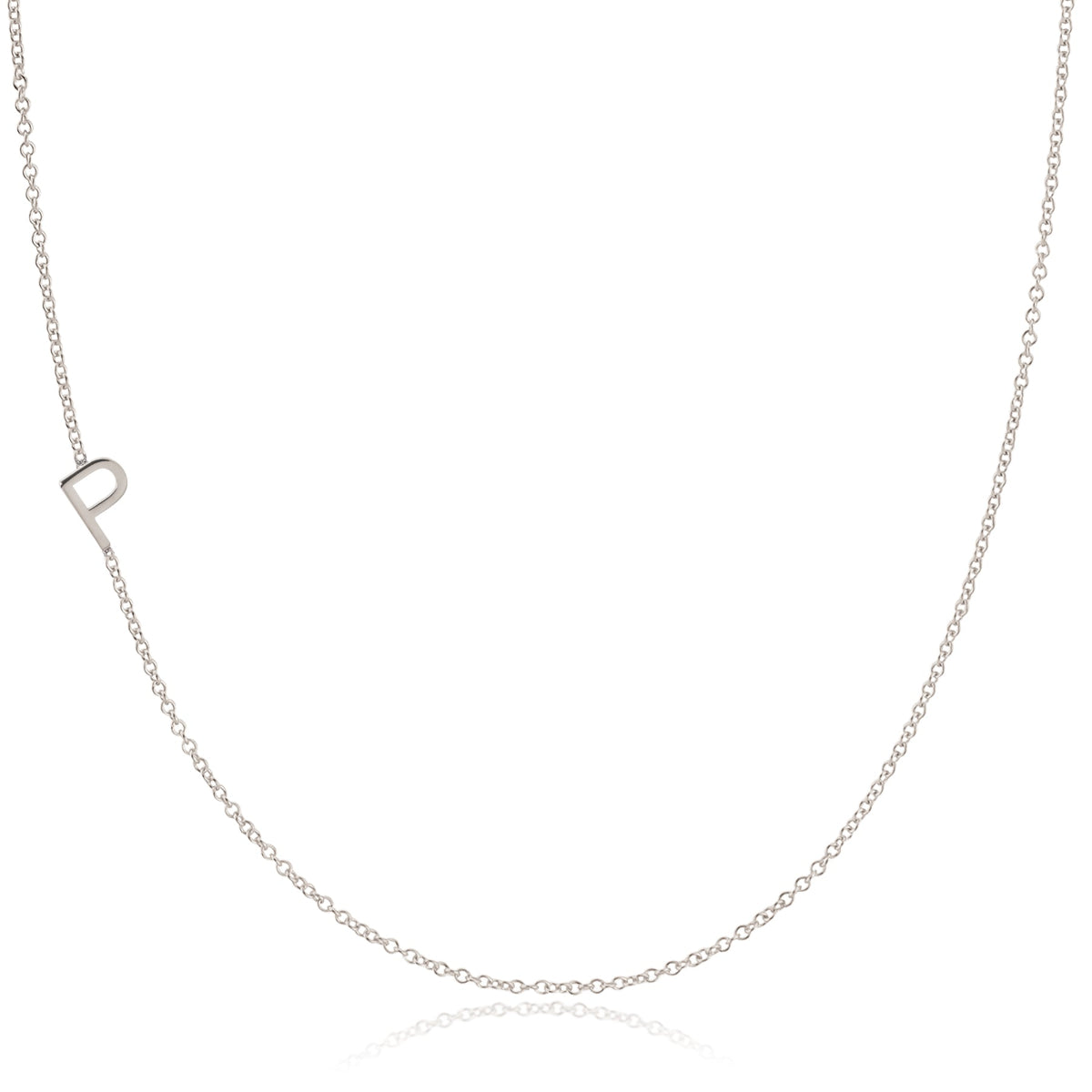 A white gold necklace with an P letter charm on a white background. 