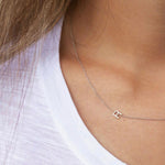 Close-up of a woman's neck wearing a white gold necklace with a letter R charm. 