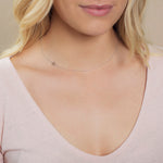 A close-up of a woman's neck wearing a white gold necklace with a letter W charm.