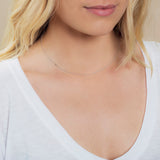 A close-up of a woman's neck wearing a white gold 14k Gold Asymmetrical Number Necklace - 1, with blonde hair and styled in a white top. 