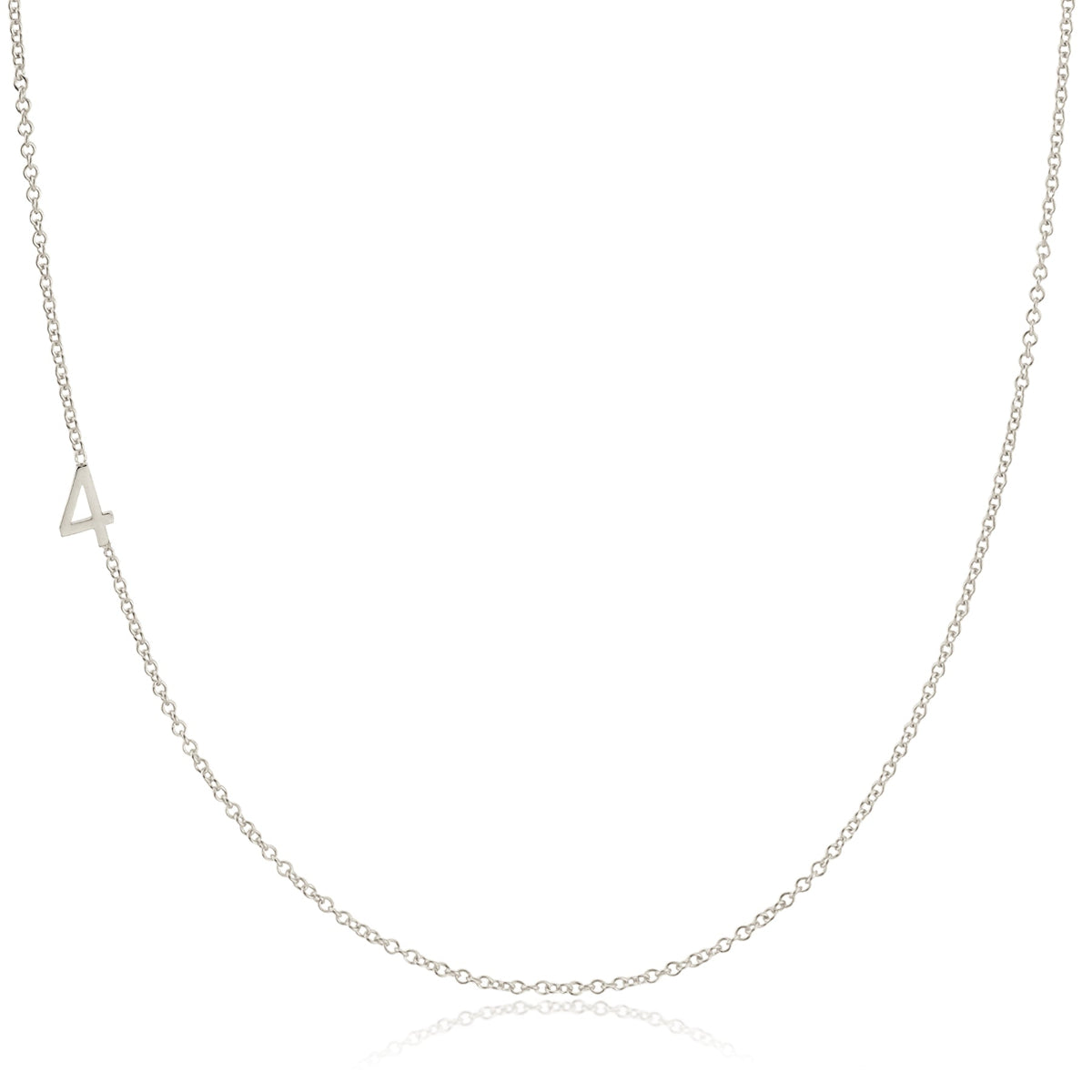 A white gold 14k Gold Asymmetrical Number Necklace - 4 on a white background. 