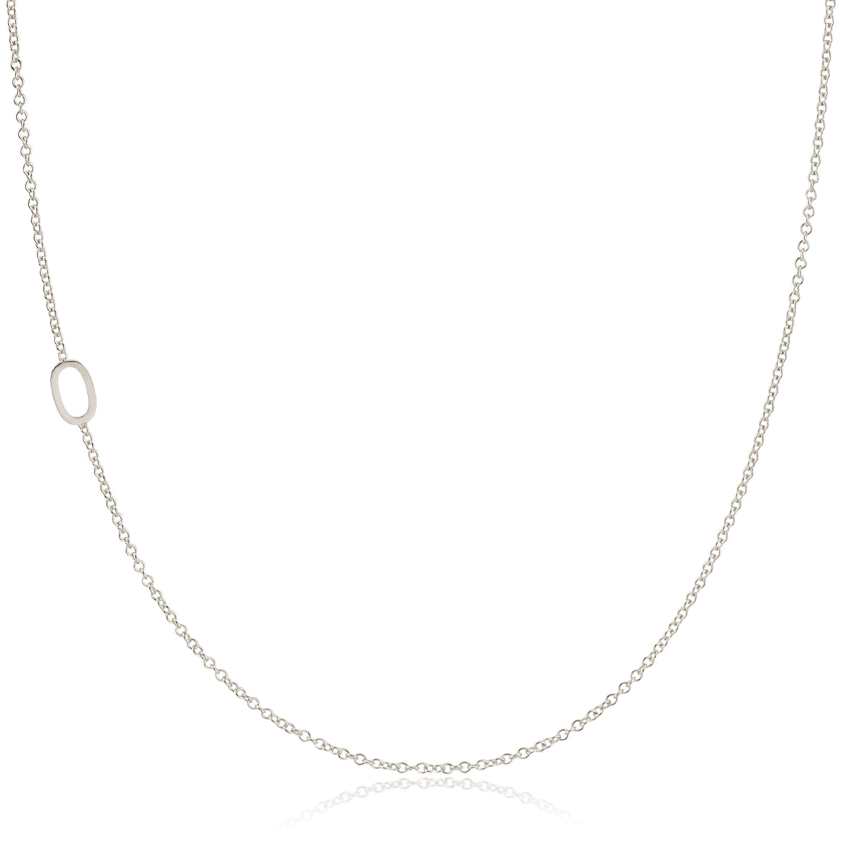 A 14k Gold Asymmetrical Number Necklace - 0 in white gold on a white background. 