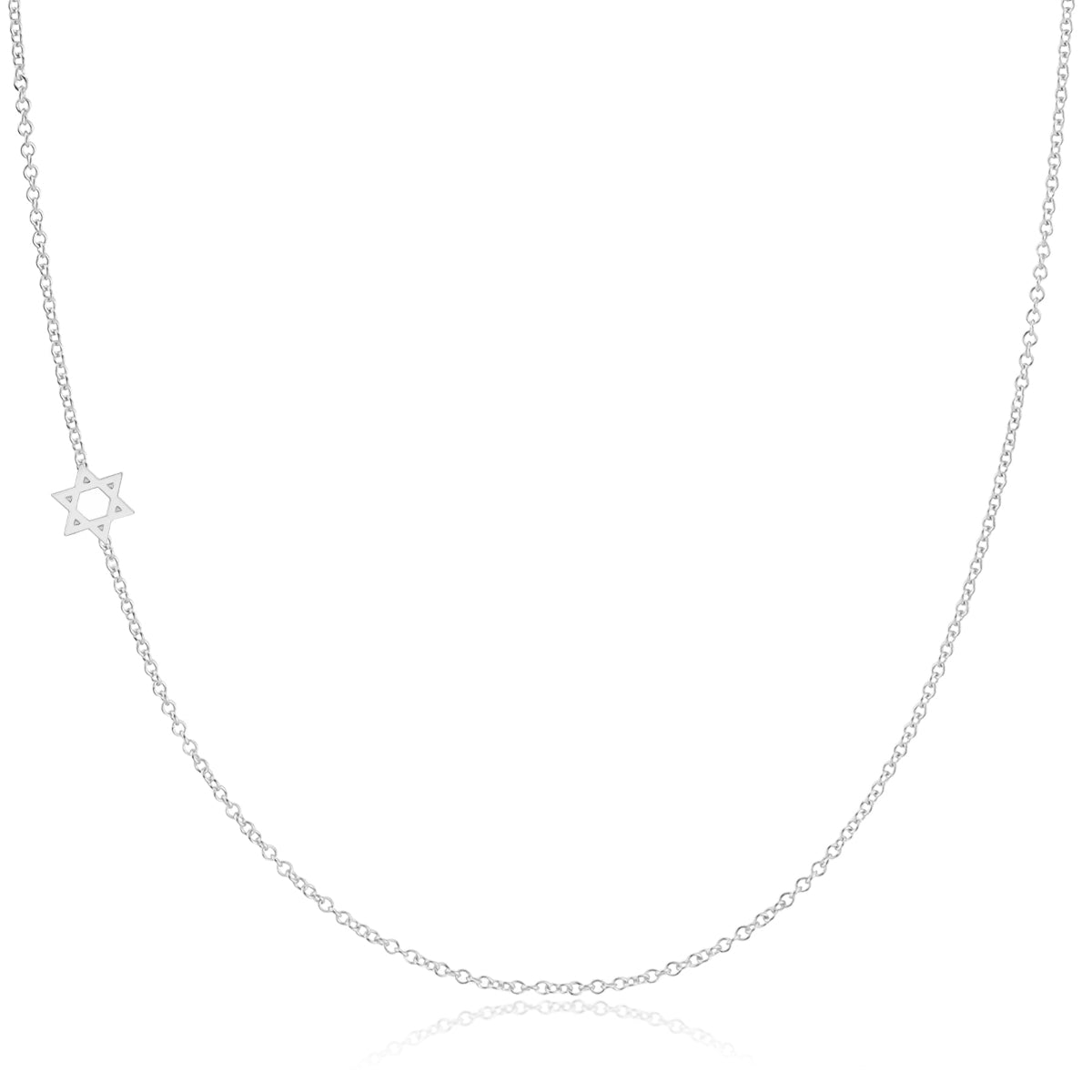 A white gold 14k Gold Asymmetrical Charm Necklace - Star of David with cable chain on a white background. 