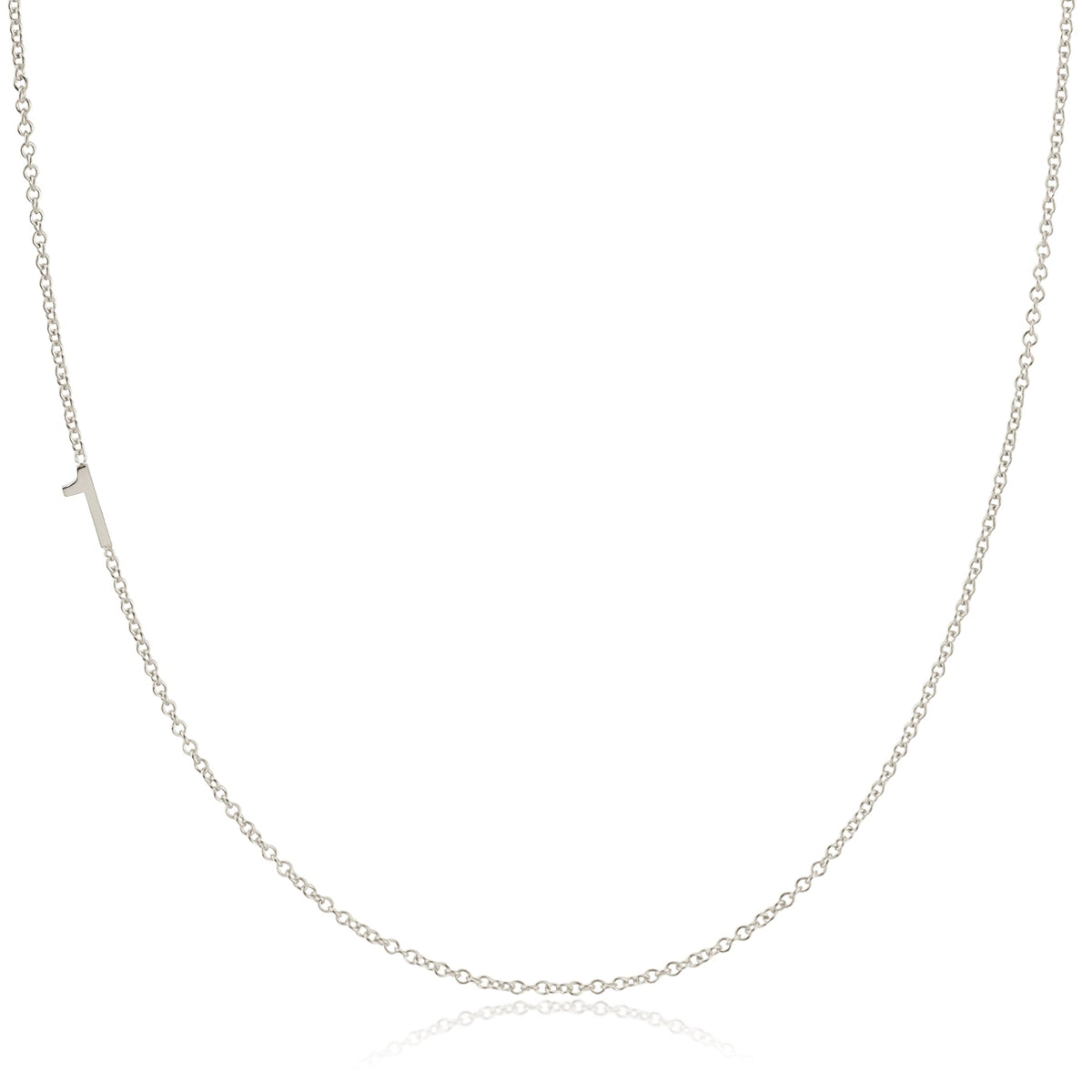 A white gold 14k Gold Asymmetrical Number Necklace - 1 with a cable chain on a white background. 