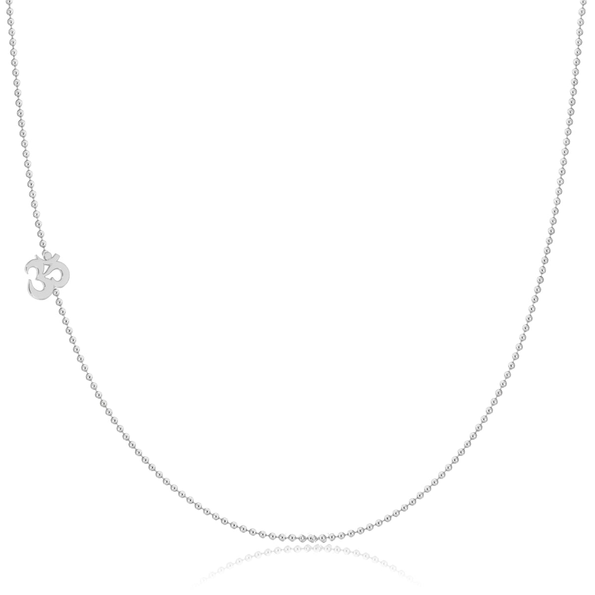 A white gold 14k Gold Asymmetrical Charm Necklace - Om with a bead chain on a white background. 
