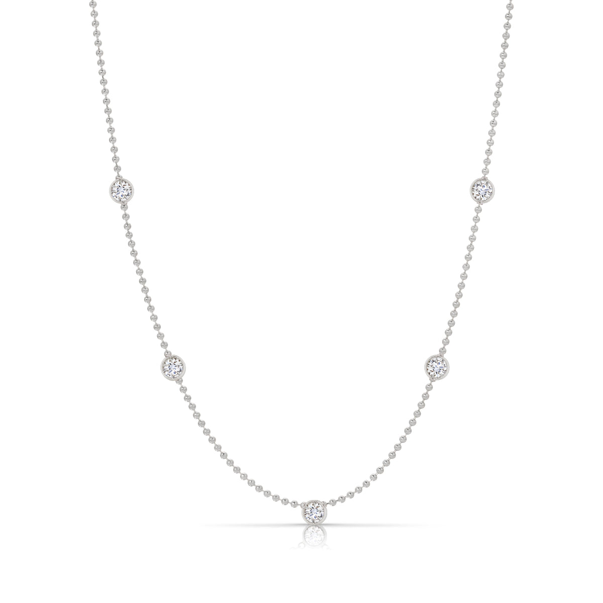 Quintet Diamond Layering Necklace in white gold on a white background. 