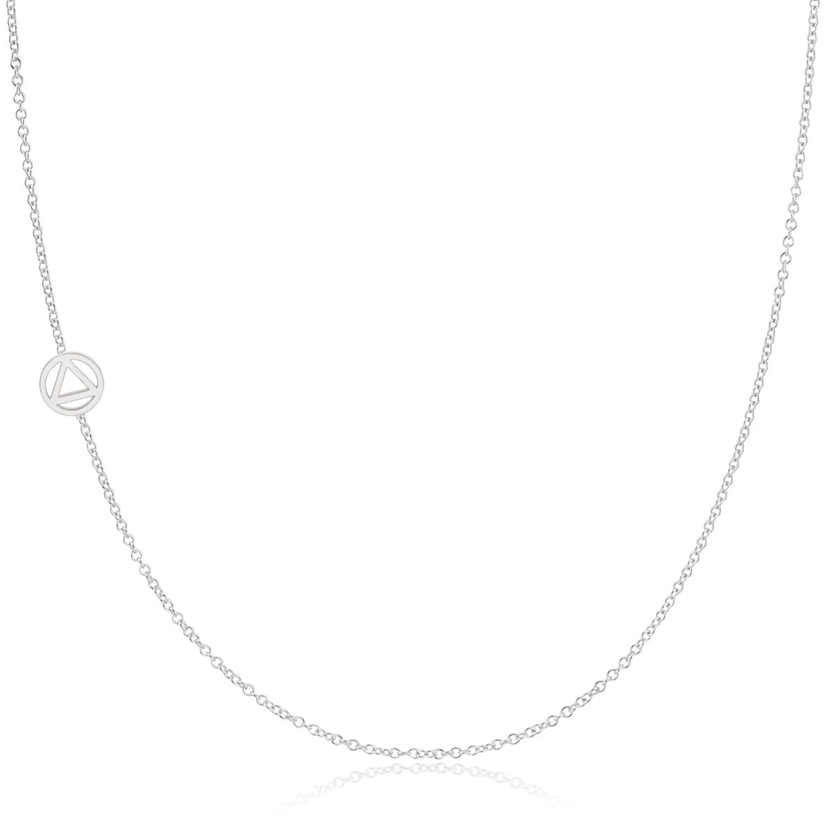 A white gold 14k Gold Asymmetrical Charm Necklace - Recovery with a cable chain on a white background. 