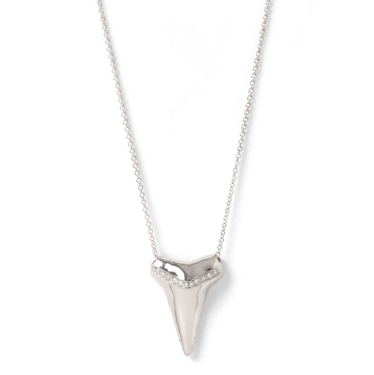 A Sharktooth Necklace with Diamond Ridge in white gold on a white background. 