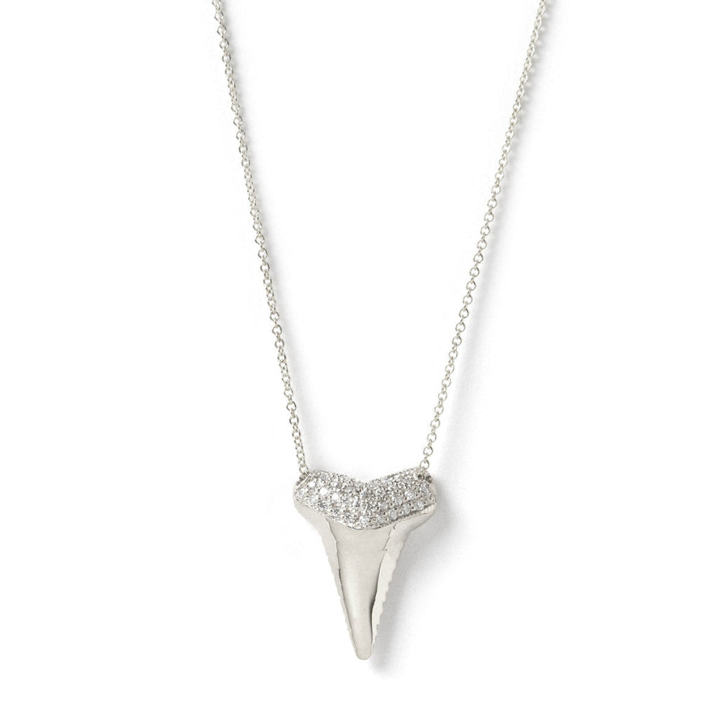A Sharktooth Necklace with Pavé Top in white gold on a white background. 