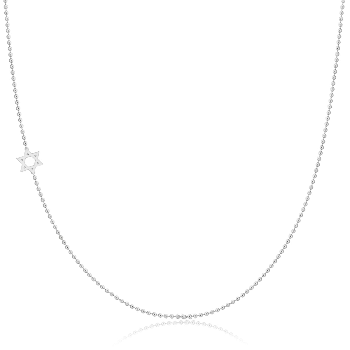 A white gold 14k Gold Asymmetrical Charm Necklace - Star of David with bead chain on a white background. 