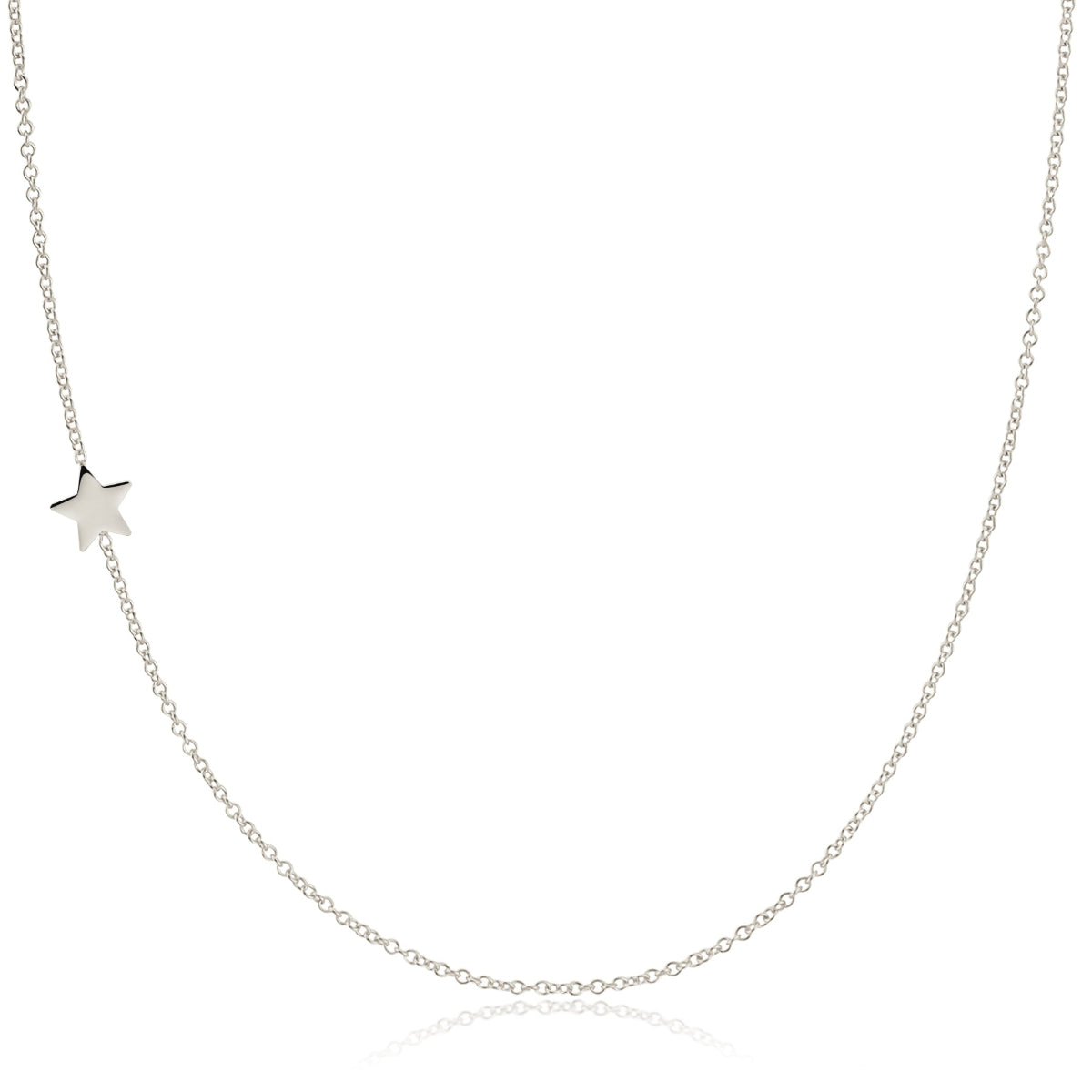 A white gold 14k Gold Asymmetrical Charm Necklace - Star with a cable chain on a white background. 