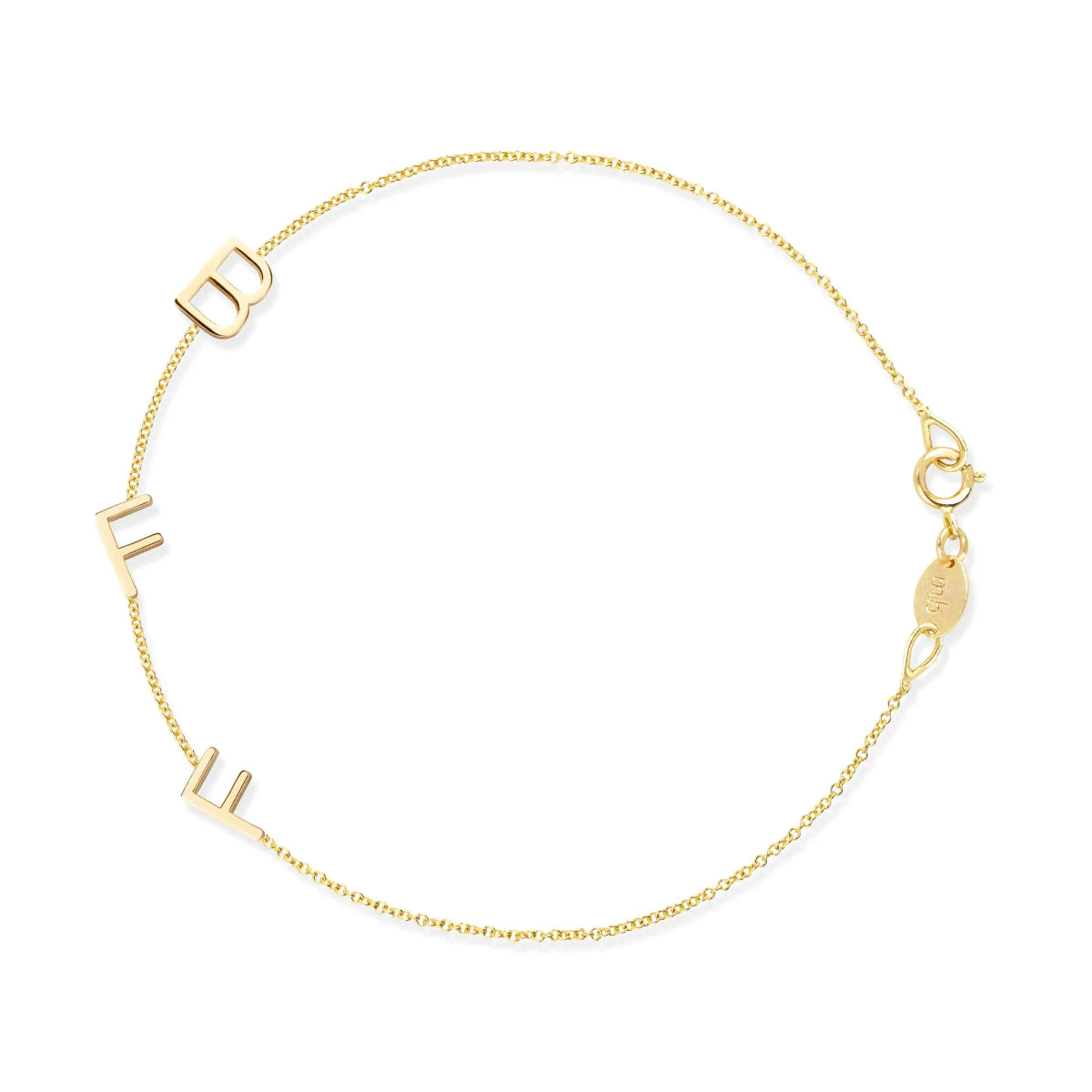 A yellow gold Custom Gold Bracelet - 3 Letters (B, F and F) on a white background. 