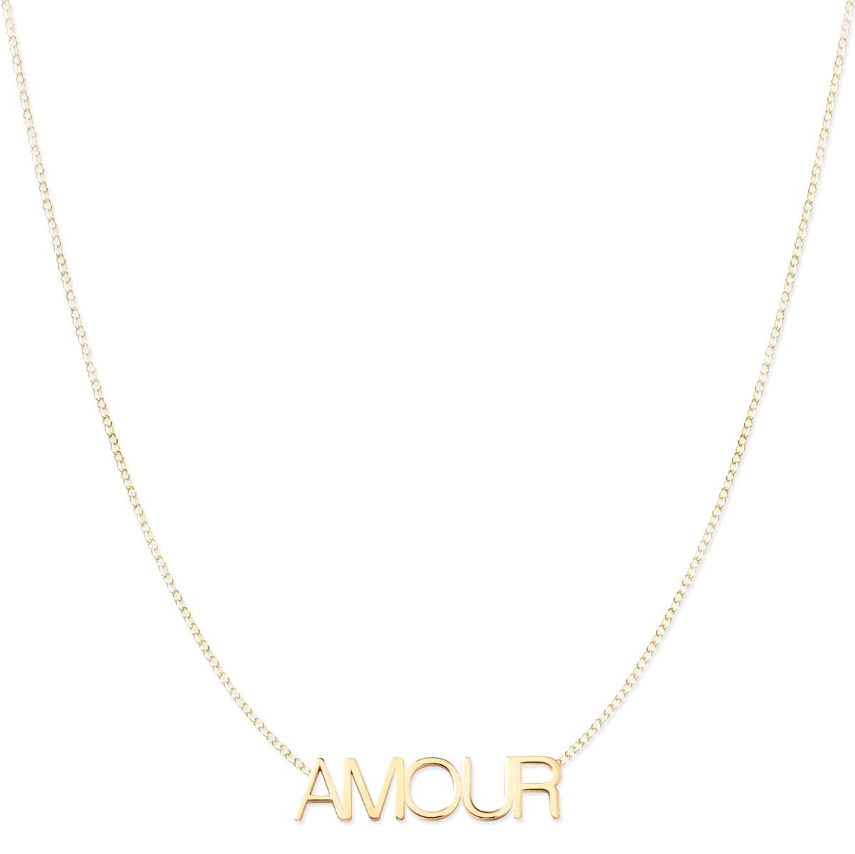 An AMOUR Necklace in yellow gold on a cable chain on a white background. 