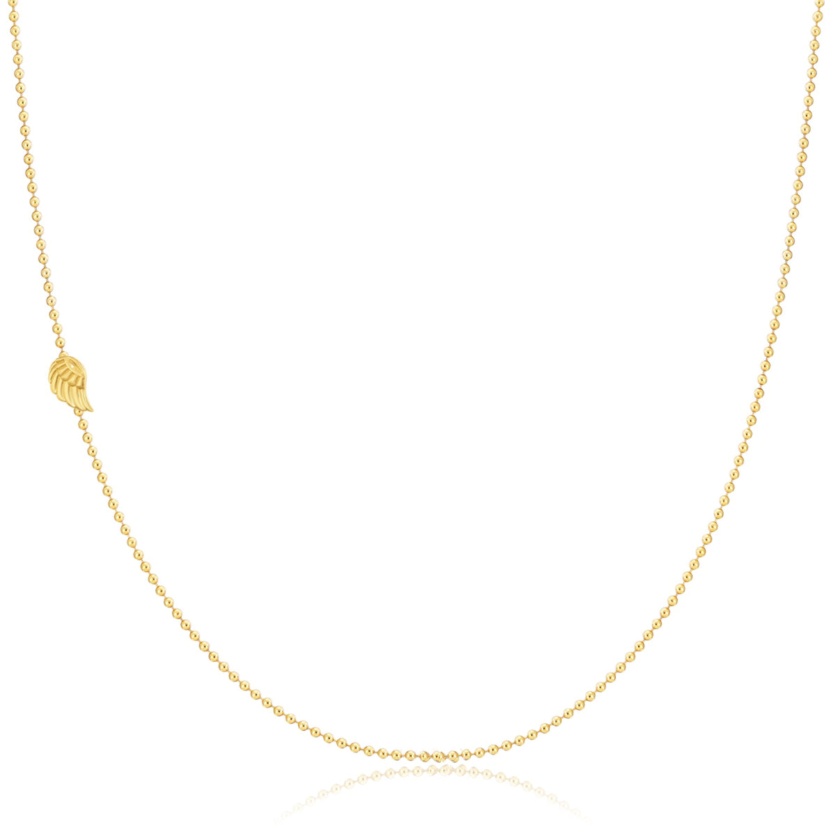 A yellow gold 14k Gold Asymmetrical Charm Necklace - Angel Wing with a bead chain on a white background. 