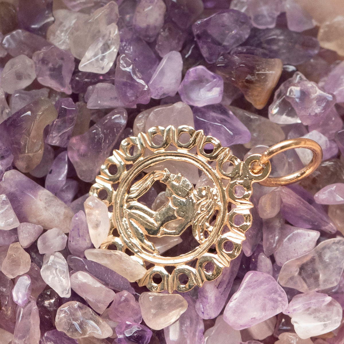 The Zodiac Necklace - Aquarius pendant laid on top of small purple crystal stones. 