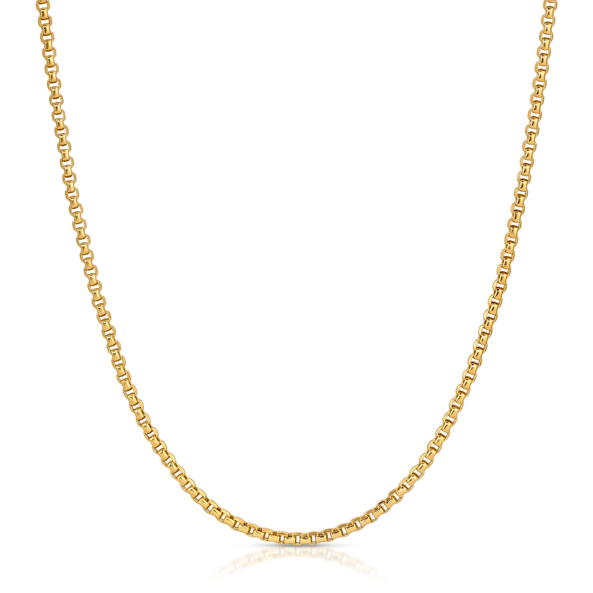 A Box Chain in yellow gold on a white background. 