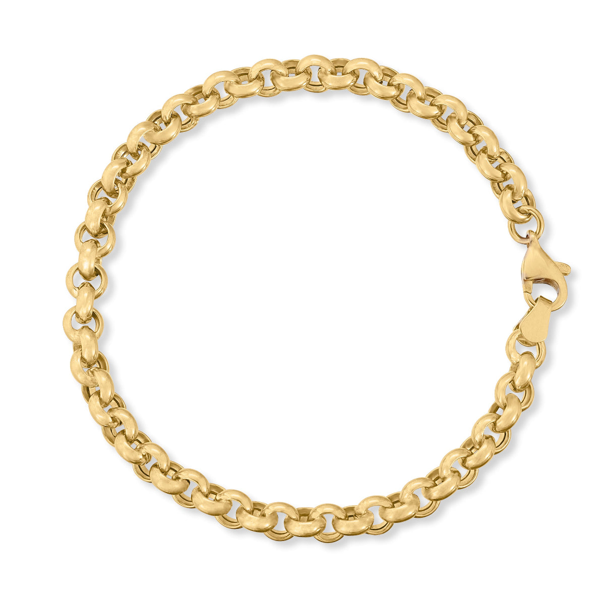 A Rolo Bracelet in yellow gold on a white background. 