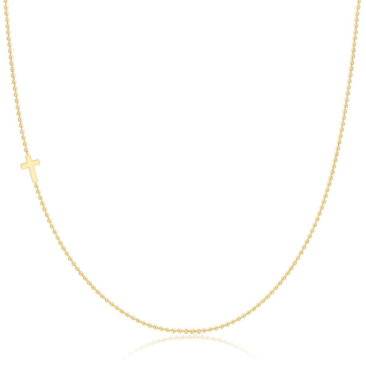 A yellow gold 14k Gold Asymmetrical Charm Necklace - Cross with a bead chain on a white background. 