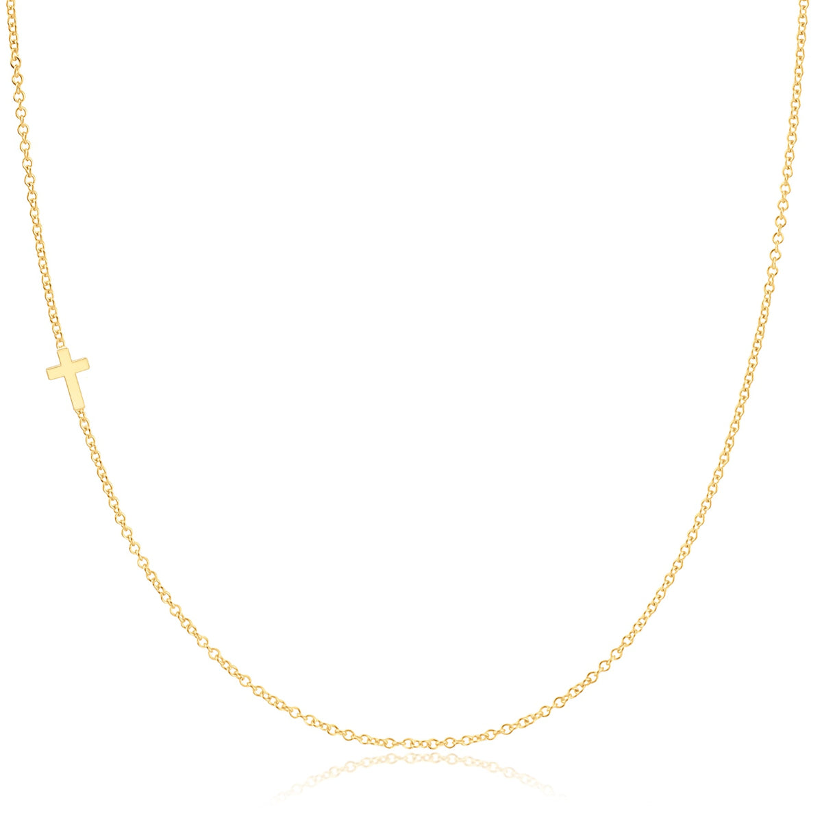 A yellow gold 14k Gold Asymmetrical Charm Necklace - Cross with a cable chain on a white background. 