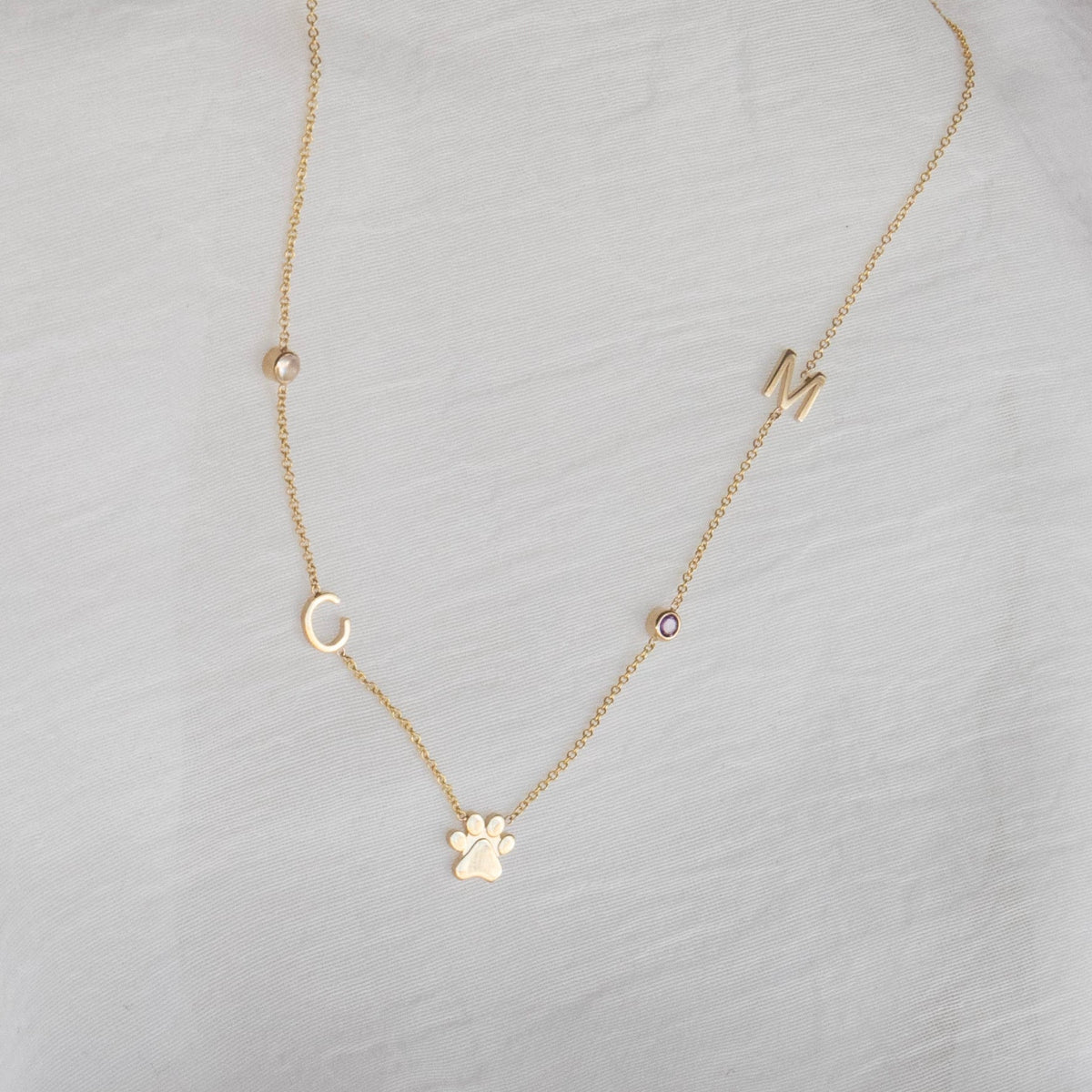 A Custom Gold Necklace in yellow gold with five charms, two birthstones, the letters C and M, and a paw, on a neutral background.