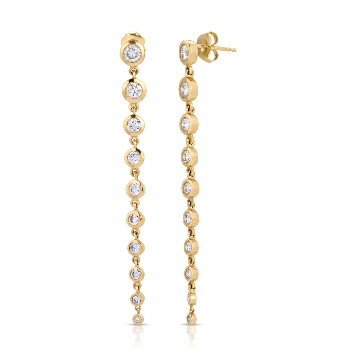 Yellow gold Diamond Cascade Earrings on a white background. 
