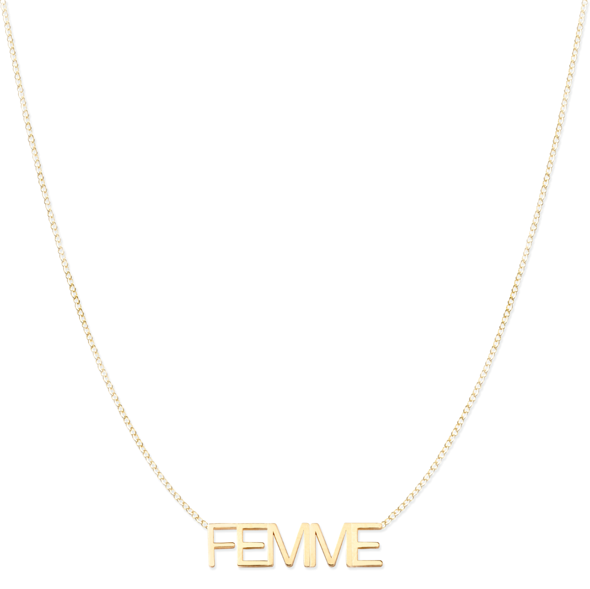 A FEMME Necklace on a white background. 