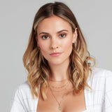 A blonde woman wearing yellow gold Oval Hoops, Alli Webb Opal Huggies, an Element Short Link Chain, Overboard Layering Chain, a Quintet Diamond Layering Necklace and Zodiac Necklace, with a white top against a light grey background. 