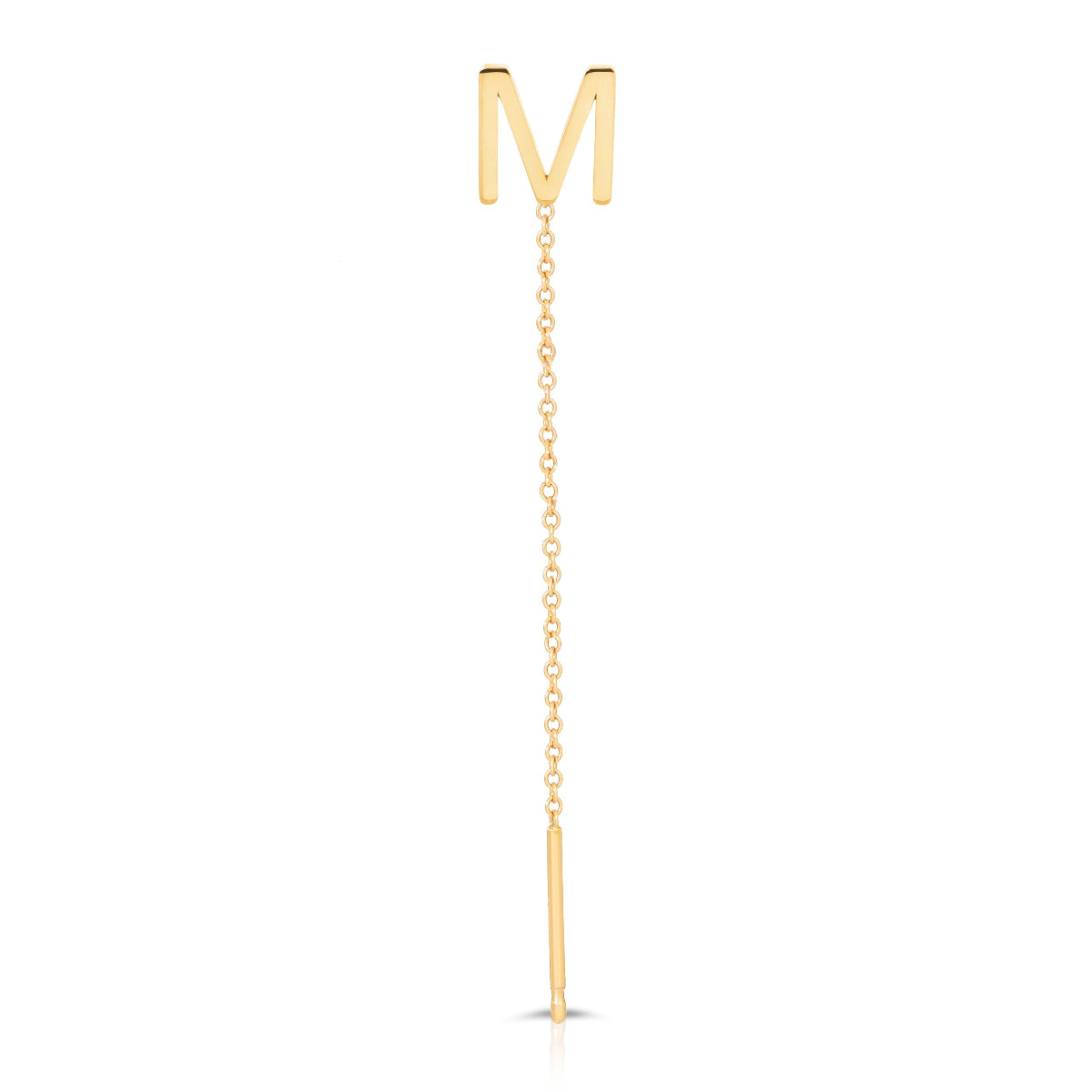A yellow gold threader earring with a letter M stud on a white background.