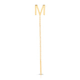A yellow gold threader earring with a letter M stud on a white background.
