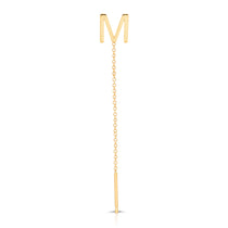A yellow gold threader earring with a letter M stud on a white background.