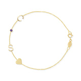 A yellow gold Custom Gold Bracelet - 4 Letters, with two letters C and S, an amethyst birthstone and a heart charm, on a white background.
