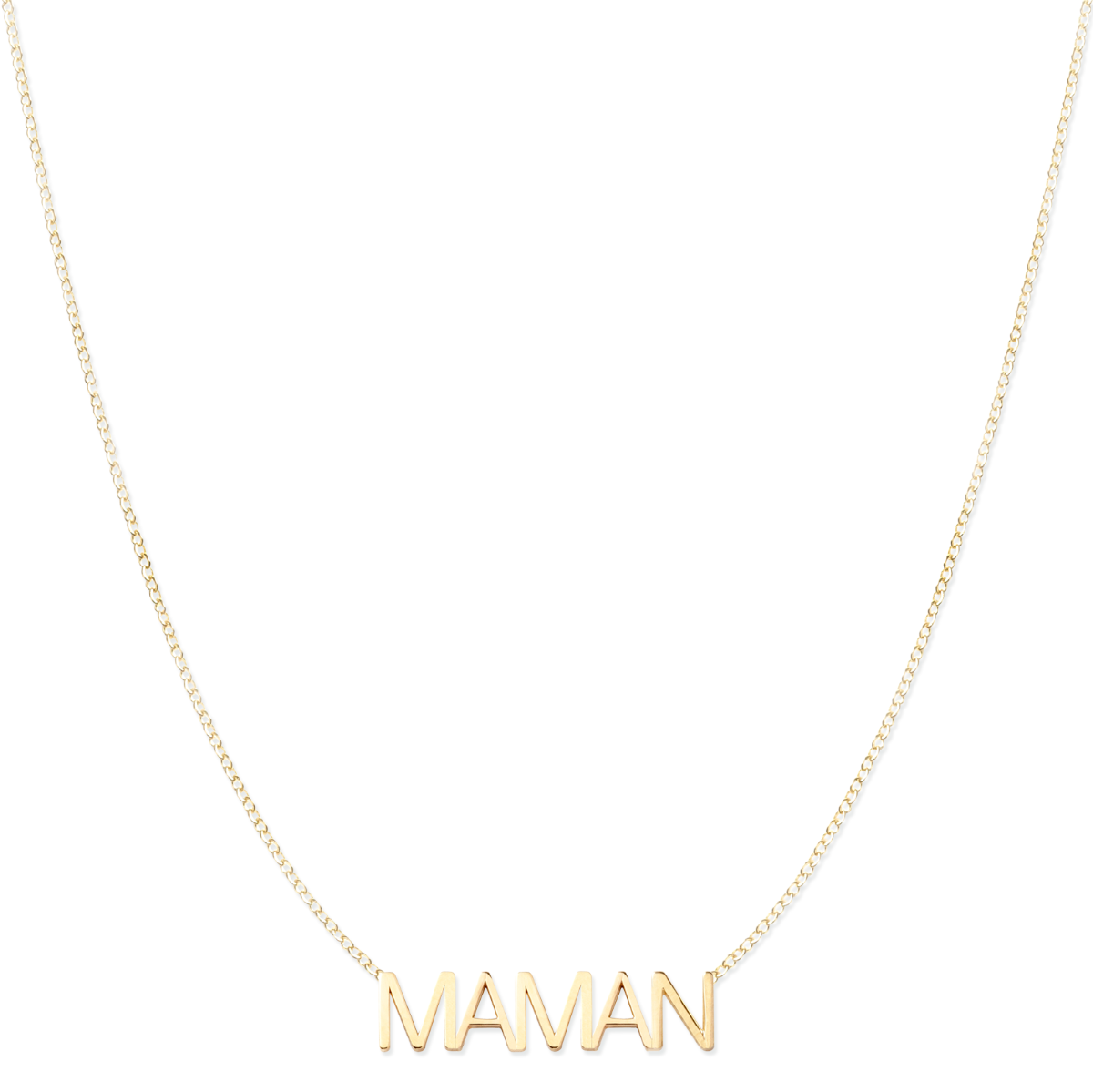 A MAMAN Necklace in yellow gold on a cable chain on a white background.