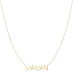 A MAMAN Necklace in yellow gold on a cable chain on a white background.