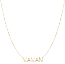 A MAMAN Necklace in yellow gold on a cable chain on a white background.