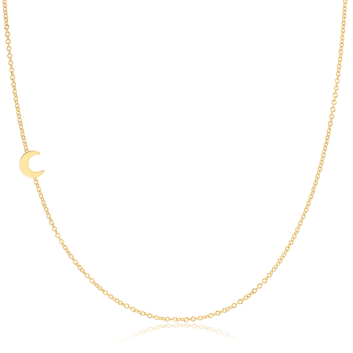 A yellow gold 14k Gold Asymmetrical Charm Necklace - Pavé Moon with a cable chain on a white background. 