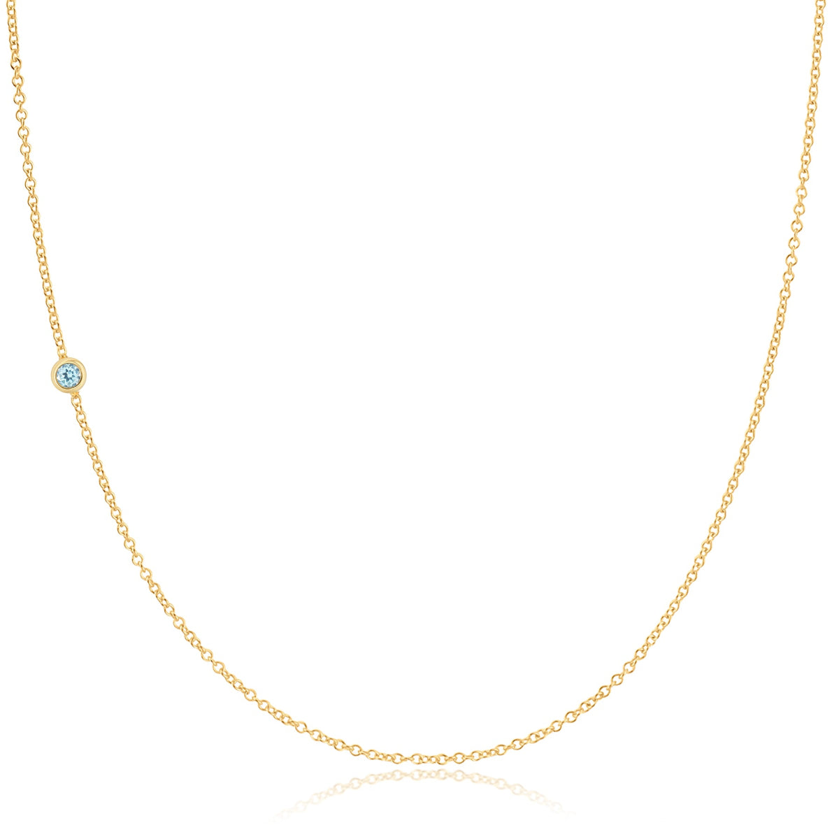 A yellow gold 14K Gold Asymmetrical Birthstone Necklace - Aquamarine (March) on a white background. 