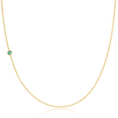 A yellow gold 14K Gold Asymmetrical Birthstone Necklace - Emerald (May) on a white background.
