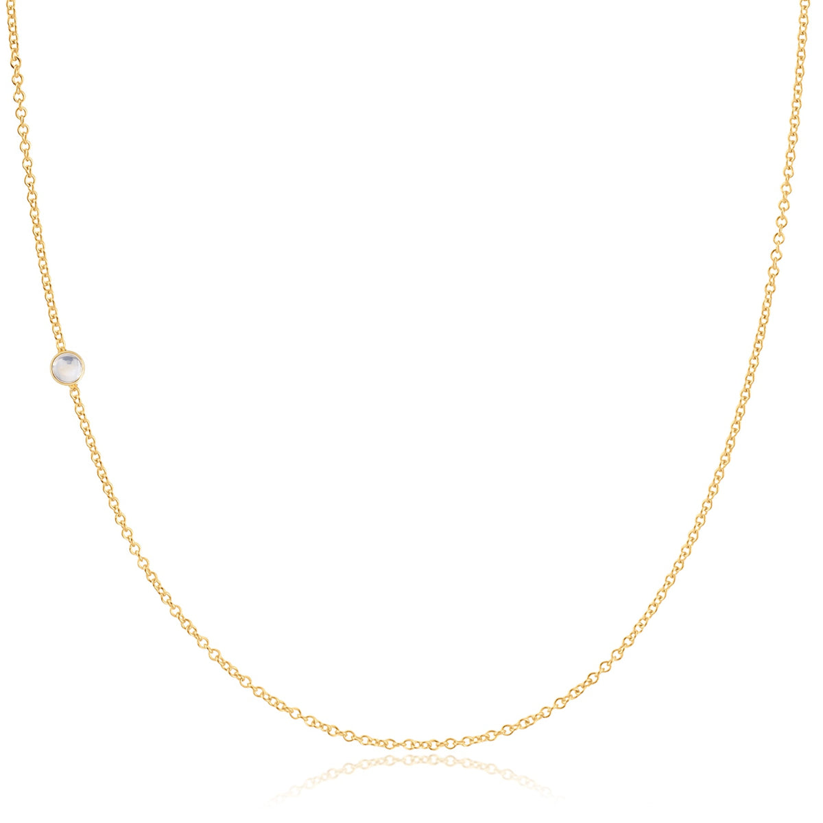 A yellow gold 14K Gold Asymmetrical Birthstone Necklace - Moonstone (June) on a white background. 