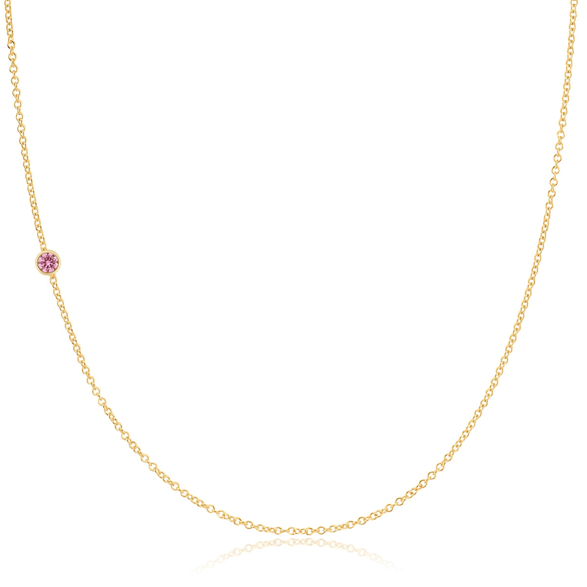A yellow gold 14K Gold Asymmetrical Birthstone Necklace - Pink Tourmaline (October) on a white background. 